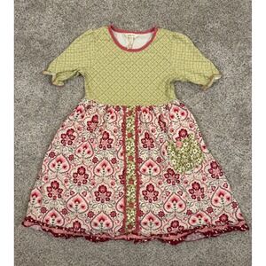 Matilda Jane Girls Dress Size 12 Green Pink Floral Mixed Print Ruffle Hem Pocket